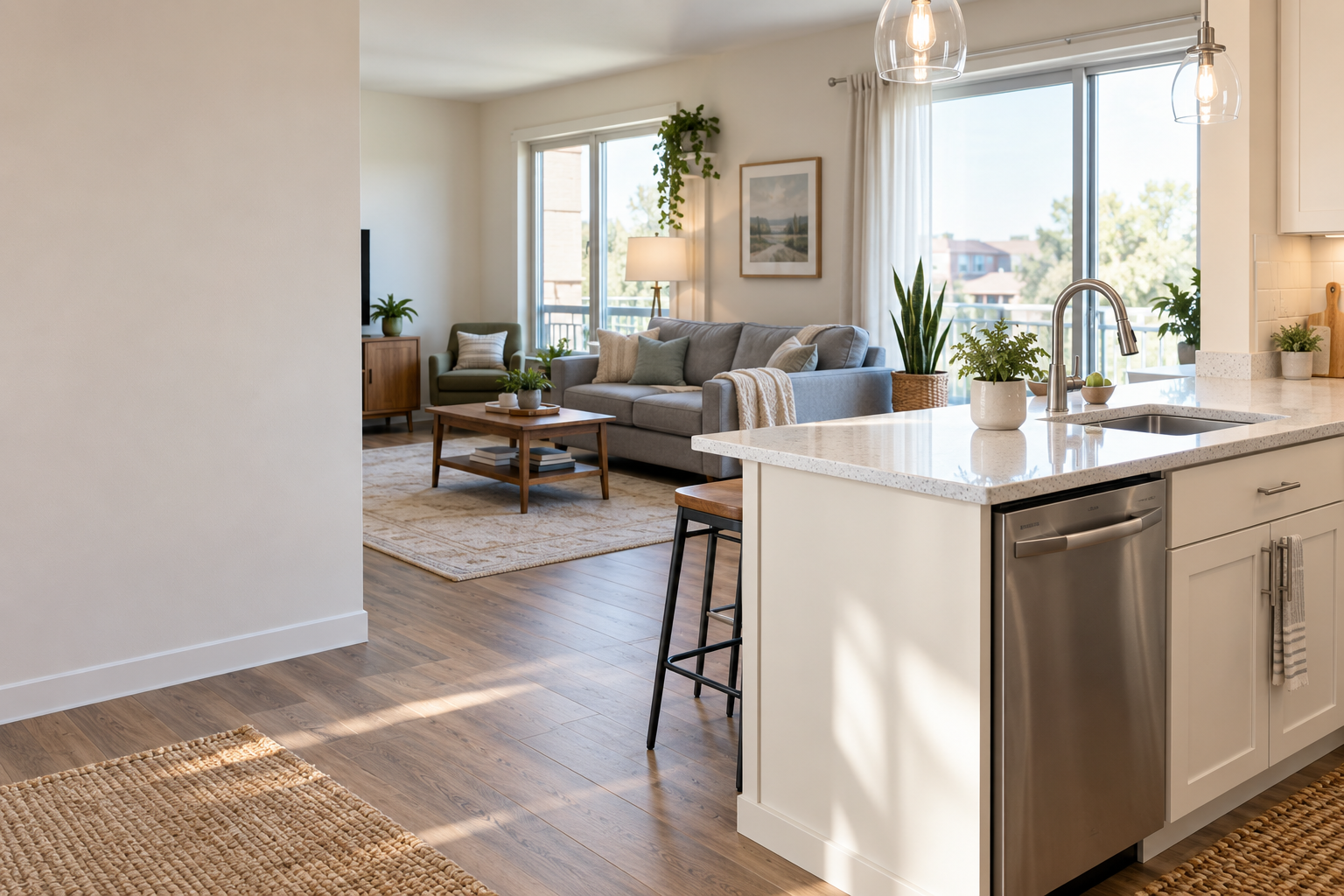 Bright, freshly cleaned apartment kitchen and living room